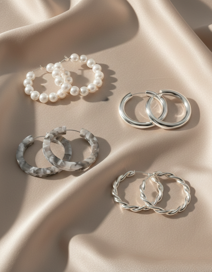 4-Piece Assorted Hoop Earrings Set – Pearl, Resin & Silver-Tone Collection