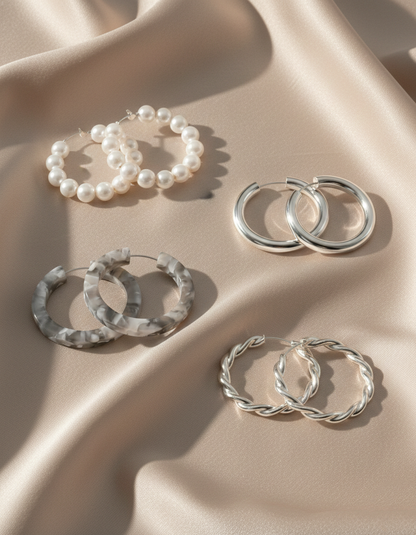 4-Piece Assorted Hoop Earrings Set – Pearl, Resin & Silver-Tone Collection