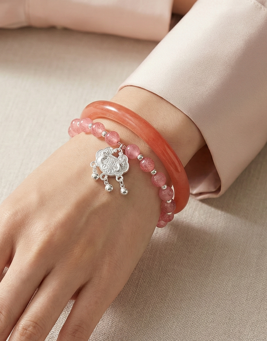 The Fortune Stack: Strawberry Quartz Bangle & Lock Bracelet