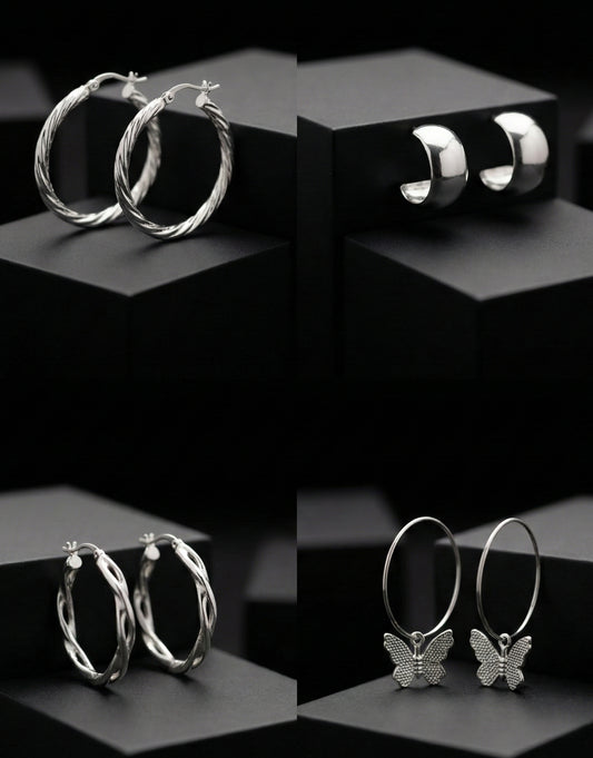 4-Piece Earrings - Butterfly, Rope Twist, Wavy & Chunky Huggie Styles