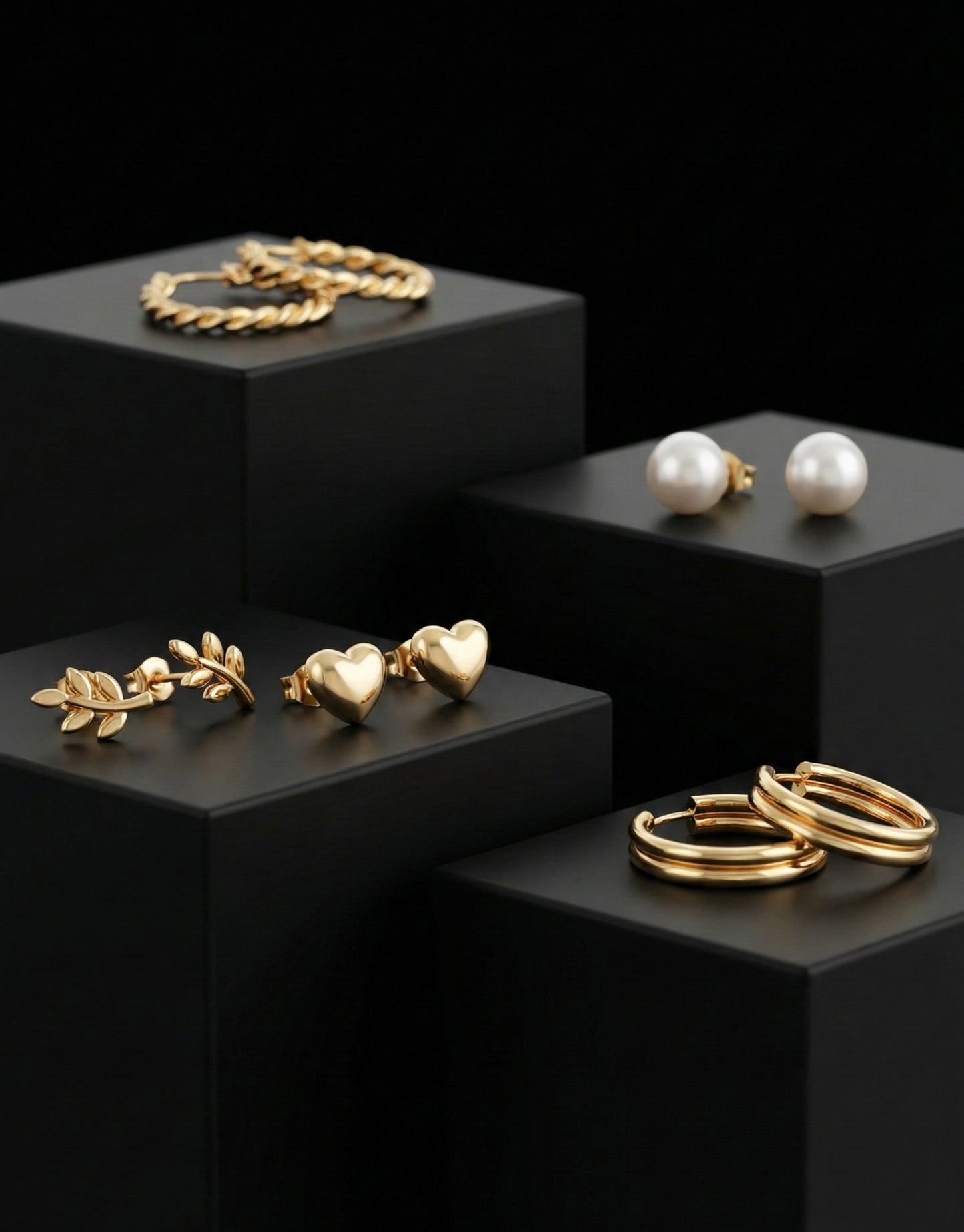 6-Piece Gold Earring Stack Set | Twisted Hoops, Leaf Studs & Pearl Essentials