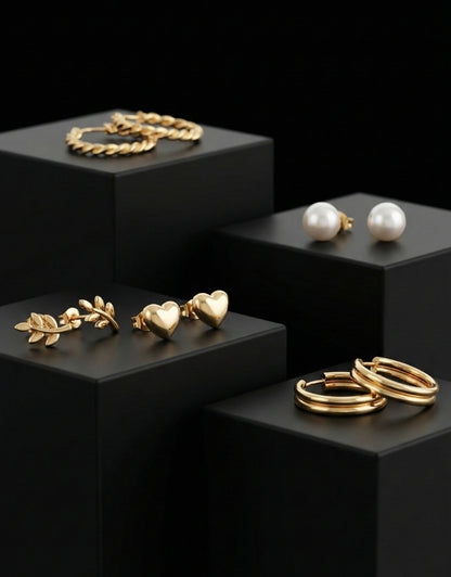 6-Piece Gold Earring Stack Set | Twisted Hoops, Leaf Studs & Pearl Essentials