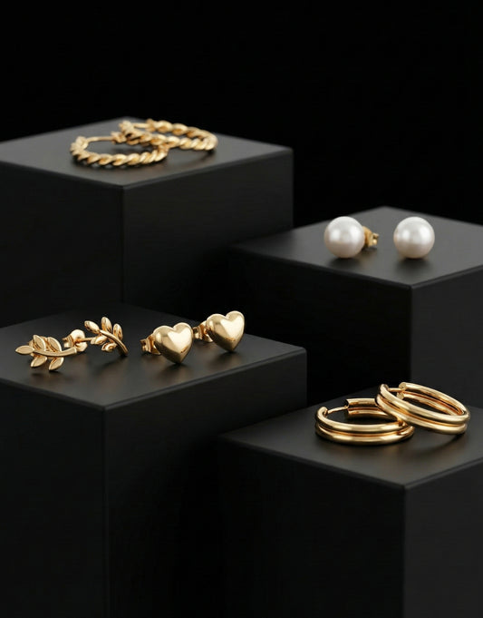 6-Piece Gold Earring Stack Set | Twisted Hoops, Leaf Studs & Pearl Essentials