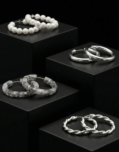 4-Piece Assorted Hoop Earrings Set – Pearl, Resin & Silver-Tone Collection