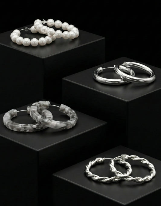 4-Piece Assorted Hoop Earrings Set – Pearl, Resin & Silver-Tone Collection