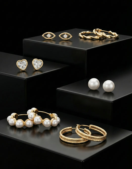 6-Piece Gold Earring Stack Set | Twisted Hoops, Leaf Studs & Pearl Essentials