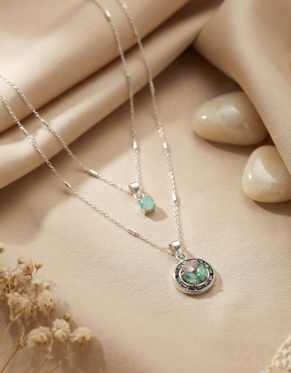 Mint Green Crystal & Mosaic Round Pendant