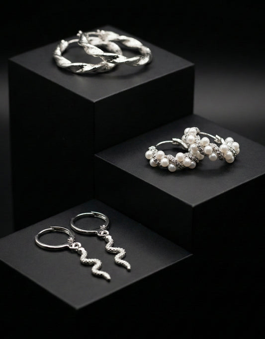 Silver Statement Earring Trio Set – Snake Dangle, Pearl & Twisted Rope Combo