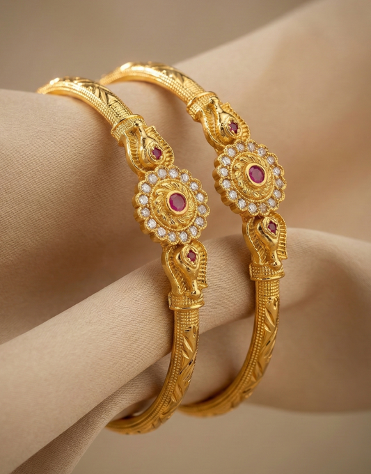 Floral Kada Bangles with Ruby & White Stone
