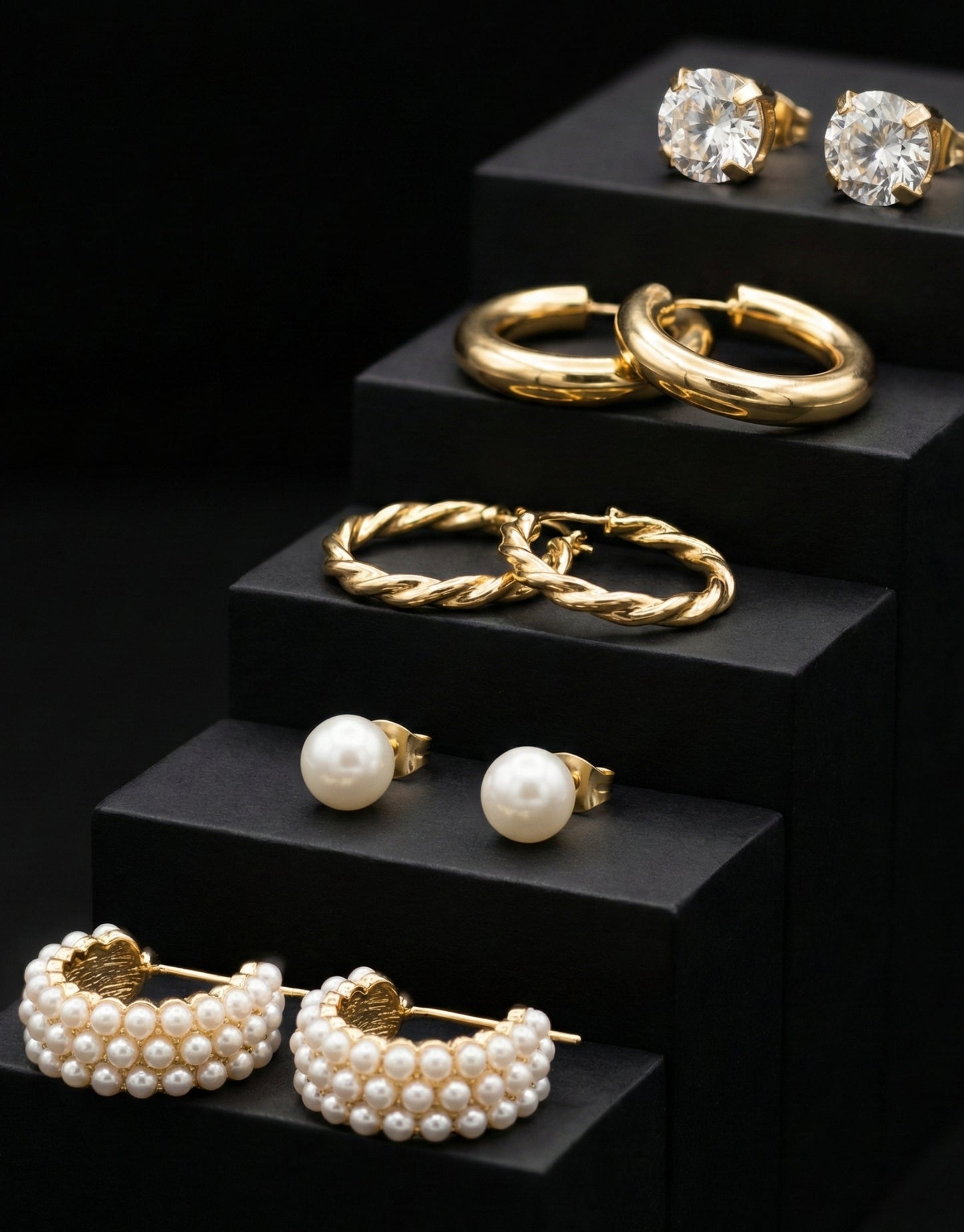 5-Piece Gold Hoop & Stud Earring Set | Pearl & Crystal Variety PackCombo