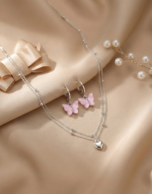 Heart Pendant Necklace &amp; Pink Butterfly Hoop Earrings Set