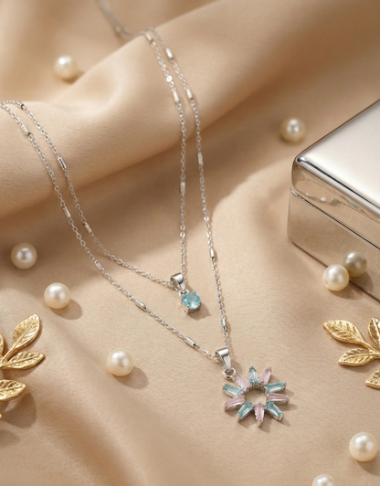 Mint & Pink Starburst Double-Layered Silver Necklace