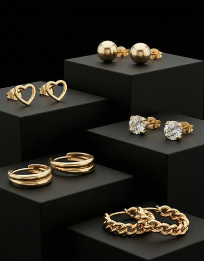 5-Piece Gold Earring Combo Set | Textured Hoops, Heart & Crystal Studs, Ball