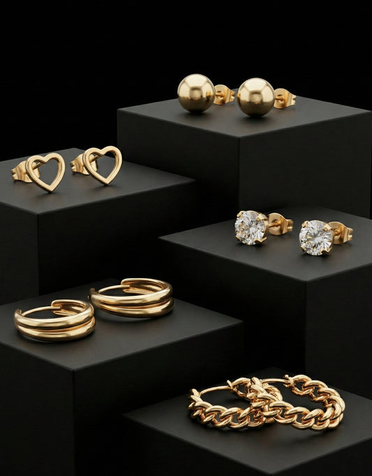 5-Piece Gold Earring Combo Set | Textured Hoops, Heart & Crystal Studs, Ball