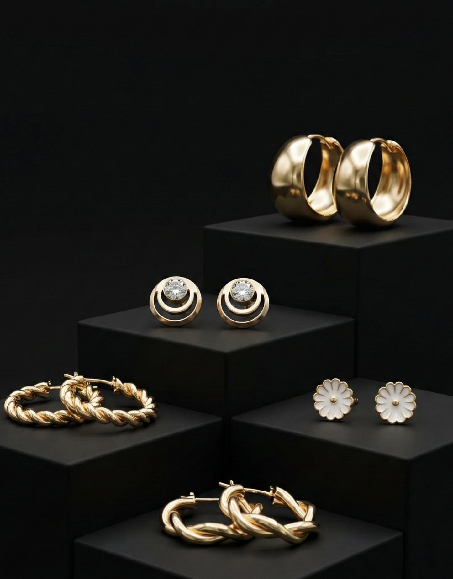 5-Piece Gold Plated Earring Set – Twisted Hoops, Chunky Loops & Floral Studs Combo