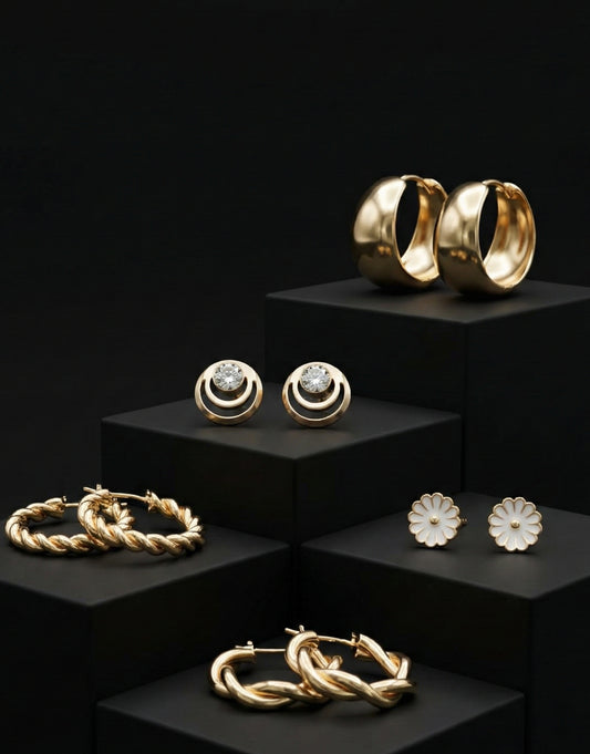 5-Piece Gold Plated Earring Set – Twisted Hoops, Chunky Loops & Floral Studs Combo