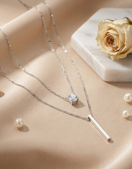 Double-Layer – Crystal Solitaire & Vertical Bar Necklace