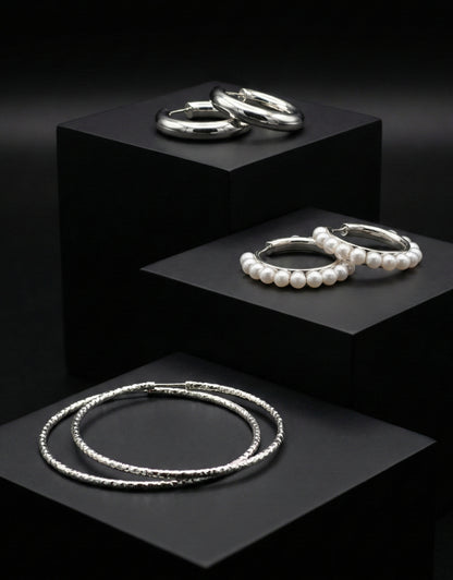 The Silver Essentials Hoops Trio | Pearl, Polished & Sparkle Combo Set