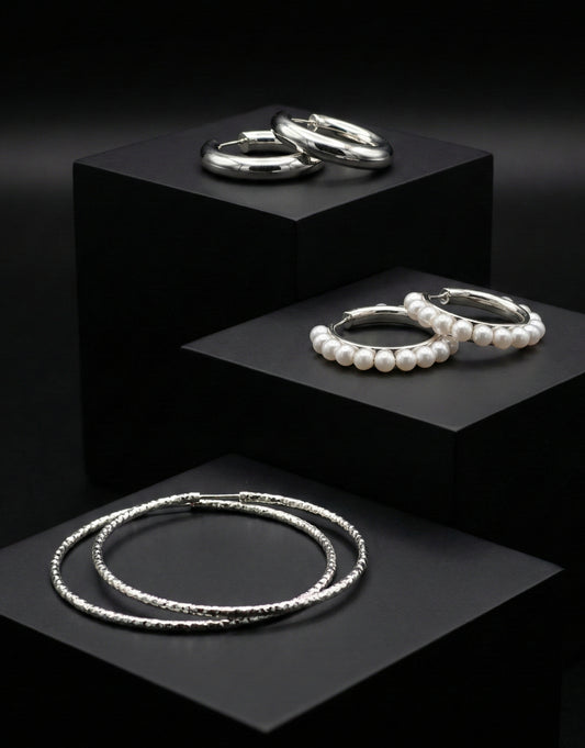 The Silver Essentials Hoops Trio | Pearl, Polished & Sparkle Combo Set