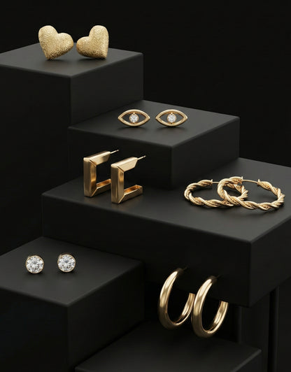 6-Piece Minimalist Earring Set – Geometric Hoops, Crystal Studs & Textured