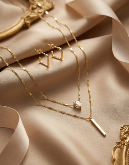 Crystal Solitaire & Vertical Bar Pendant with Square Huggies