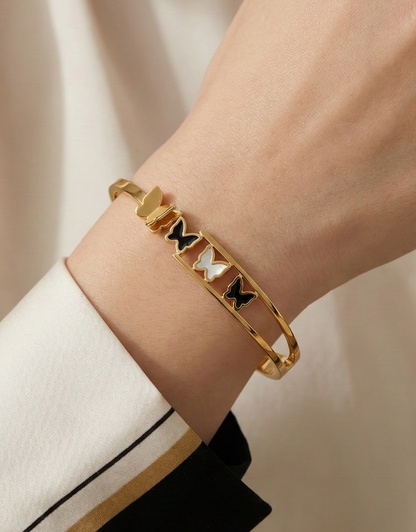 Triple Butterfly Enamel Gold Bangle Bracelet