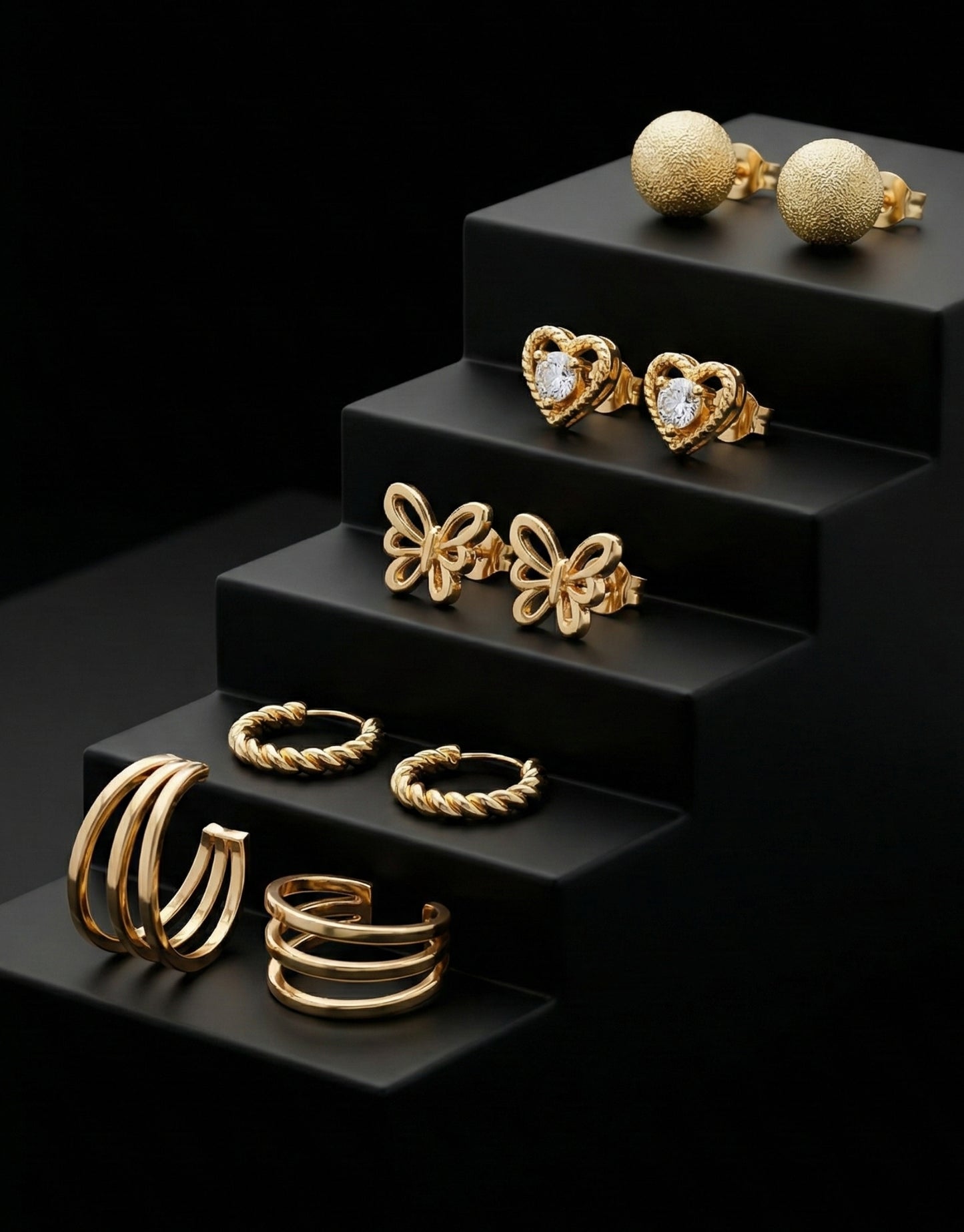 Minimalist Gold Earring Stack (Pack of 5) - Includes Crystal Heart, Butterfly Studs, Huggie Hoops & Cuffs