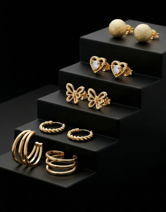 Minimalist Gold Earring Stack (Pack of 5) - Includes Crystal Heart, Butterfly Studs, Huggie Hoops & Cuffs