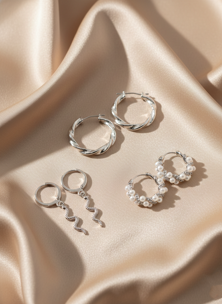 Silver Statement Earring Trio Set – Snake Dangle, Pearl & Twisted Rope Combo