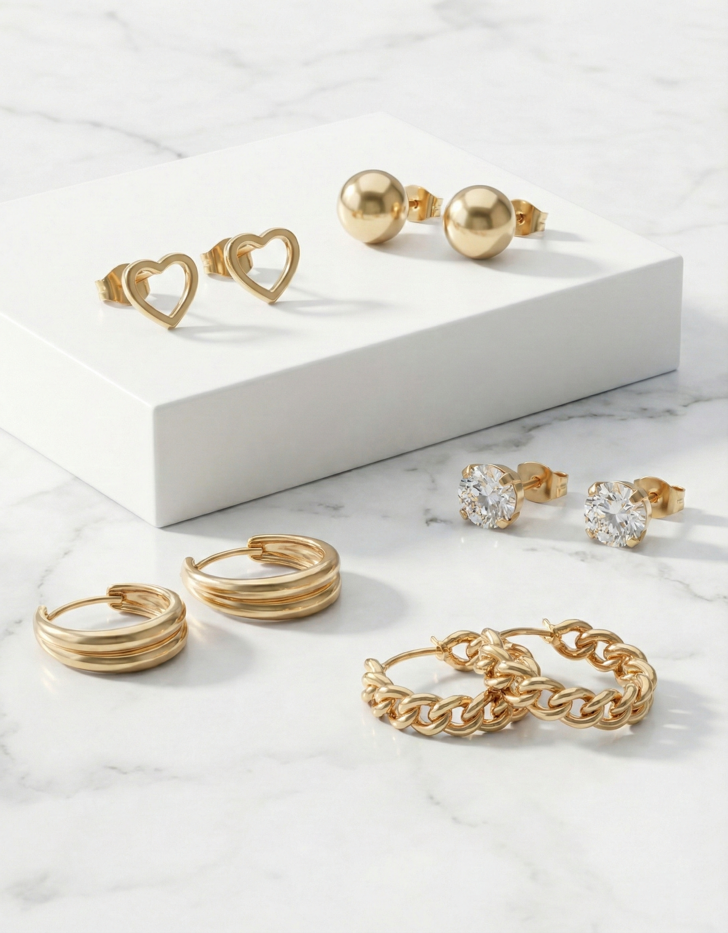 5-Piece Gold Earring Combo Set | Textured Hoops, Heart & Crystal Studs, Ball