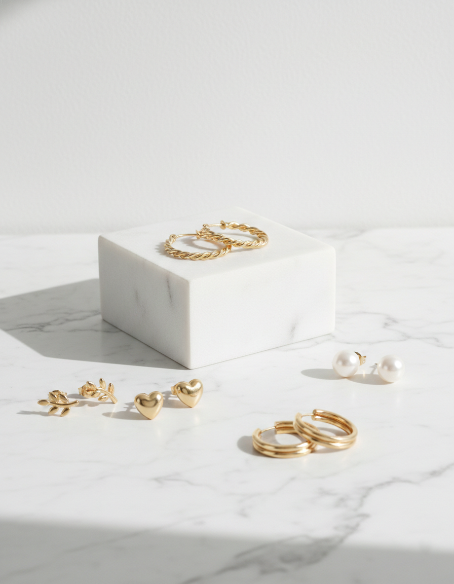 6-Piece Gold Earring Stack Set | Twisted Hoops, Leaf Studs & Pearl Essentials