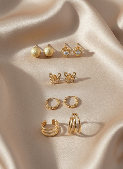 Minimalist Gold Earring Stack (Pack of 5) - Includes Crystal Heart, Butterfly Studs, Huggie Hoops & Cuffs