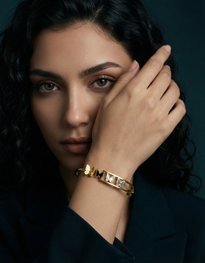 Triple Butterfly Enamel Gold Bangle Bracelet