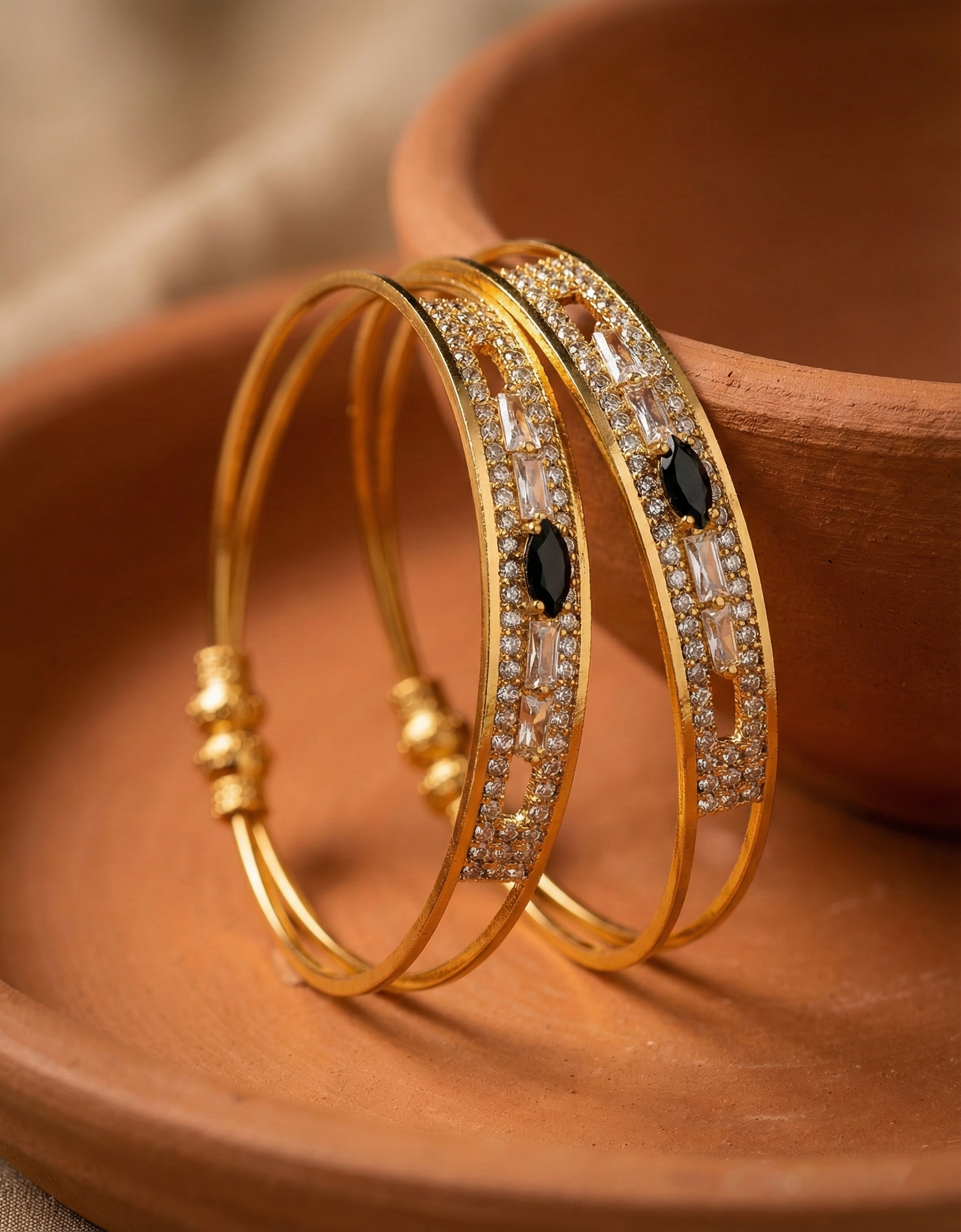 Geometric AD Bangles with Black Marquise Accents