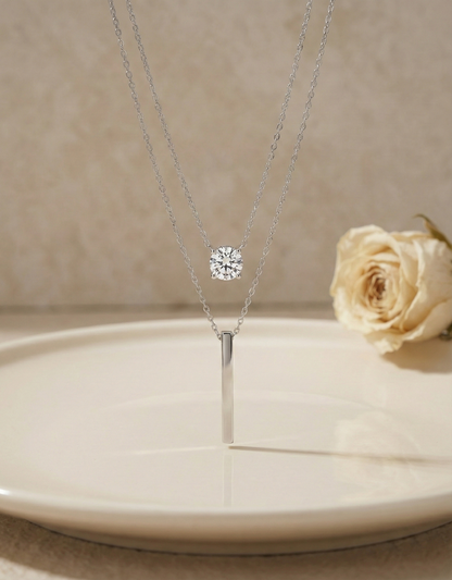 Double-Layer – Crystal Solitaire & Vertical Bar Necklace