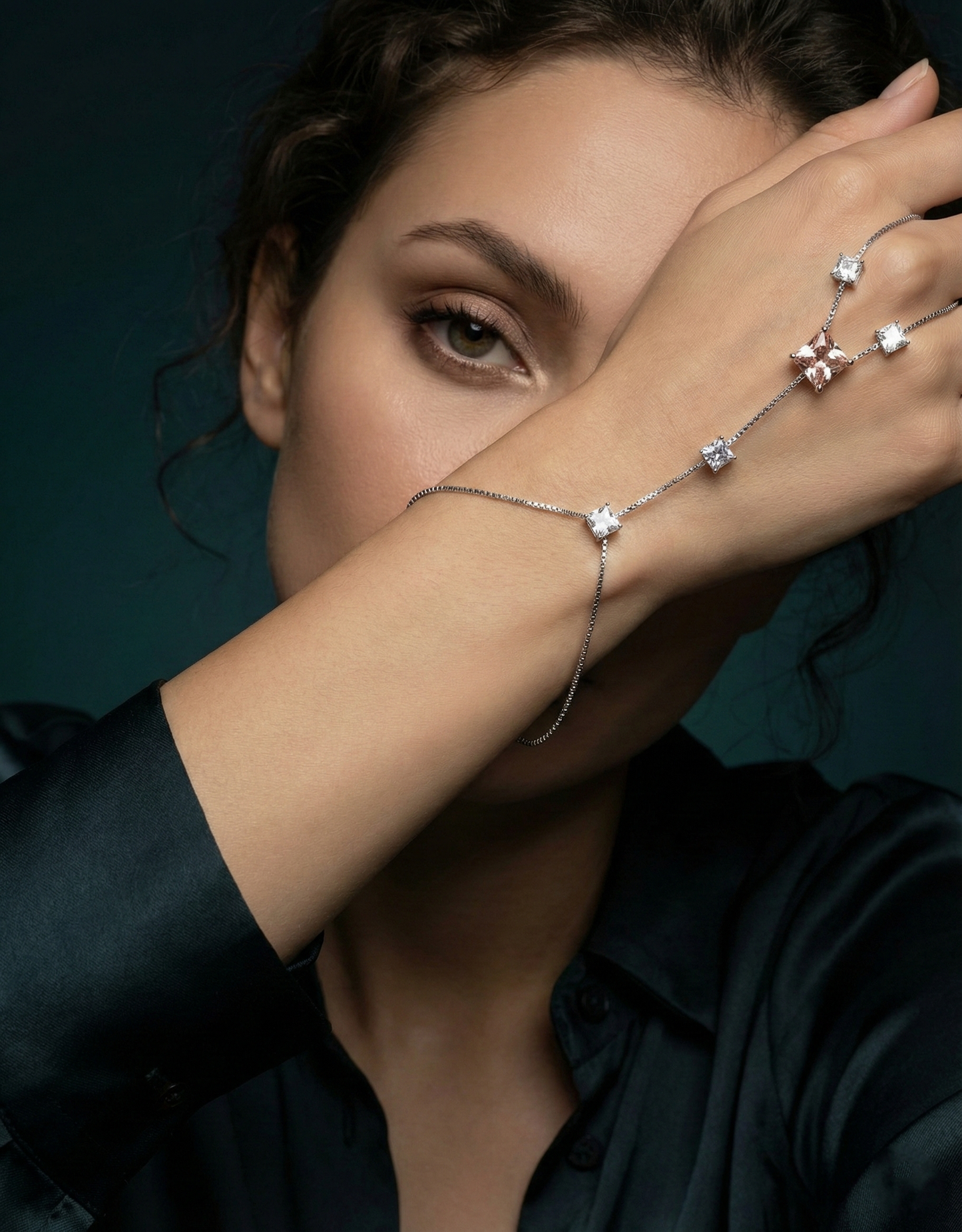 Silver Toned Square Stone Hand Harness