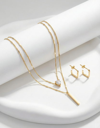 Crystal Solitaire & Vertical Bar Pendant with Square Huggies