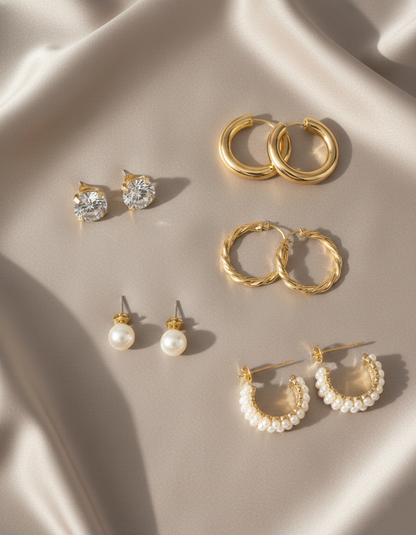 5-Piece Gold Hoop & Stud Earring Set | Pearl & Crystal Variety PackCombo
