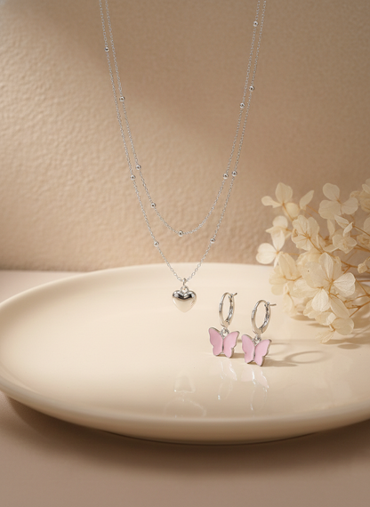 Heart Pendant Necklace &amp; Pink Butterfly Hoop Earrings Set