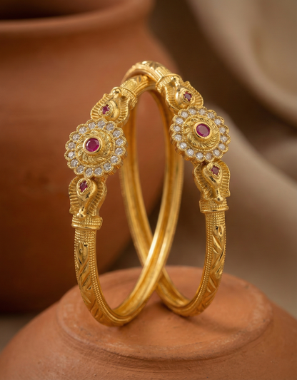 Floral Kada Bangles with Ruby & White Stone