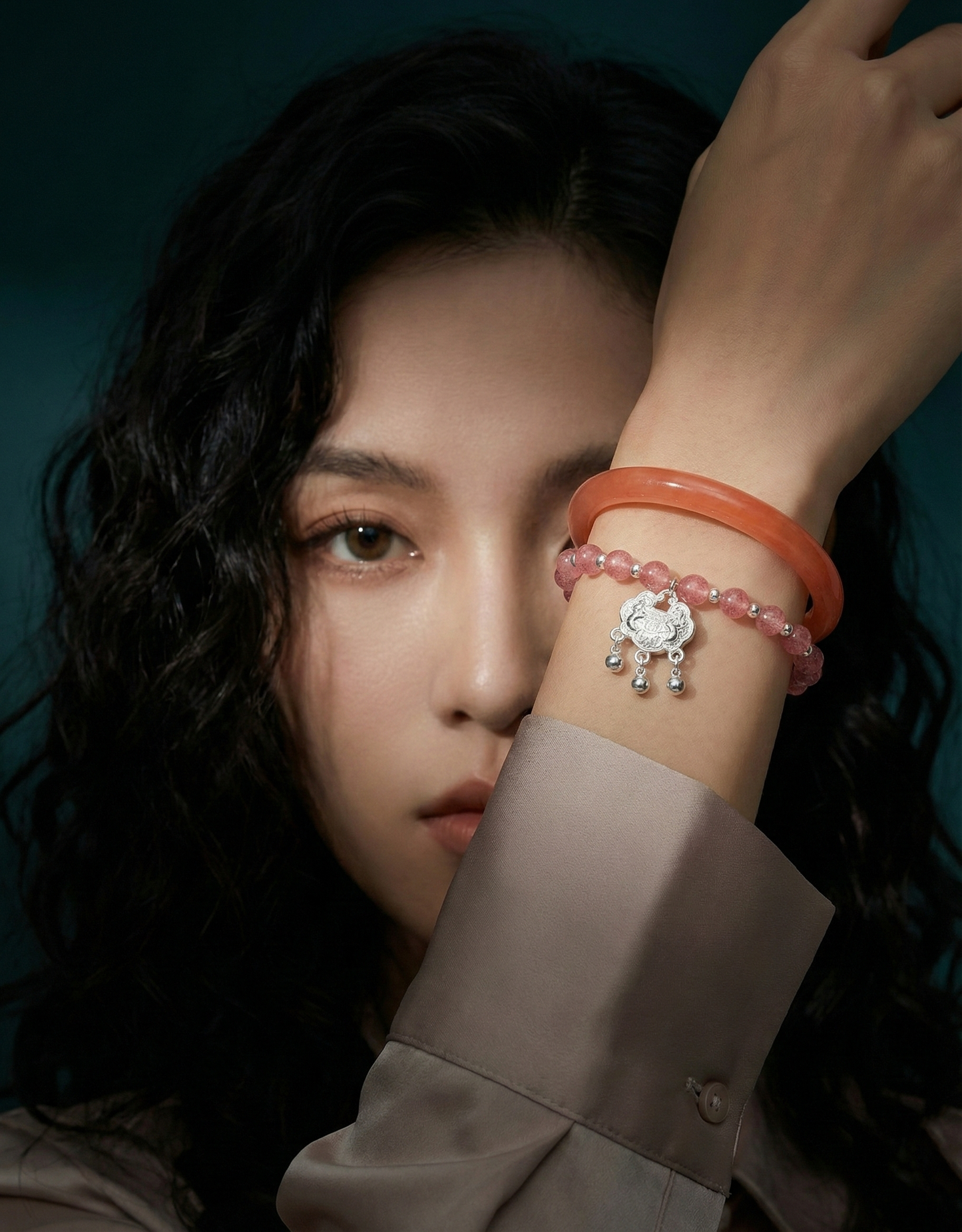 The Fortune Stack: Strawberry Quartz Bangle & Lock Bracelet