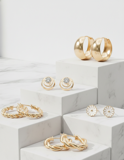 5-Piece Gold Plated Earring Set – Twisted Hoops, Chunky Loops & Floral Studs Combo