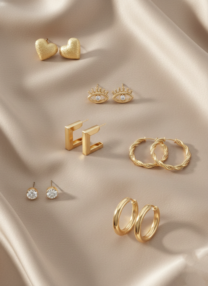 6-Piece Minimalist Earring Set – Geometric Hoops, Crystal Studs & Textured