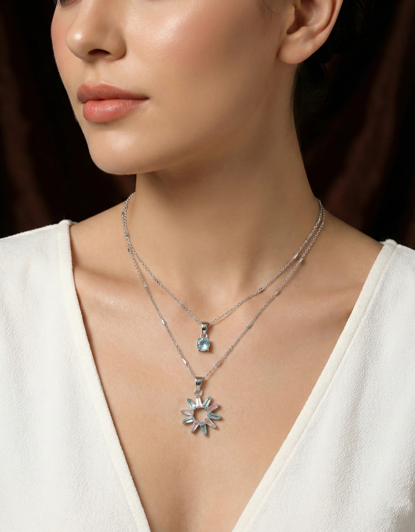 Mint & Pink Starburst Double-Layered Silver Necklace