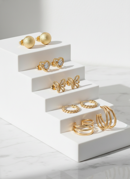 Minimalist Gold Earring Stack (Pack of 5) - Includes Crystal Heart, Butterfly Studs, Huggie Hoops & Cuffs