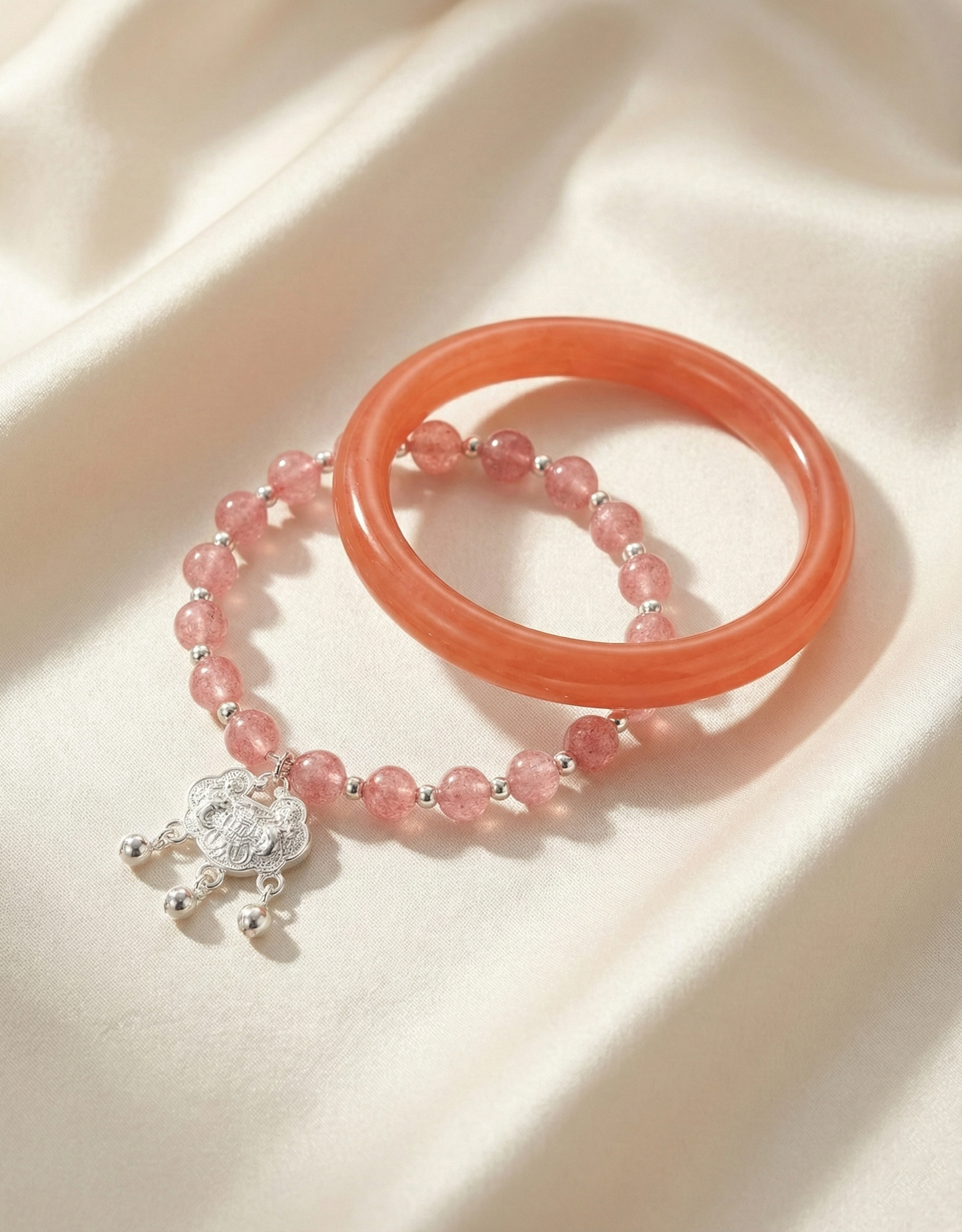 The Fortune Stack: Strawberry Quartz Bangle & Lock Bracelet