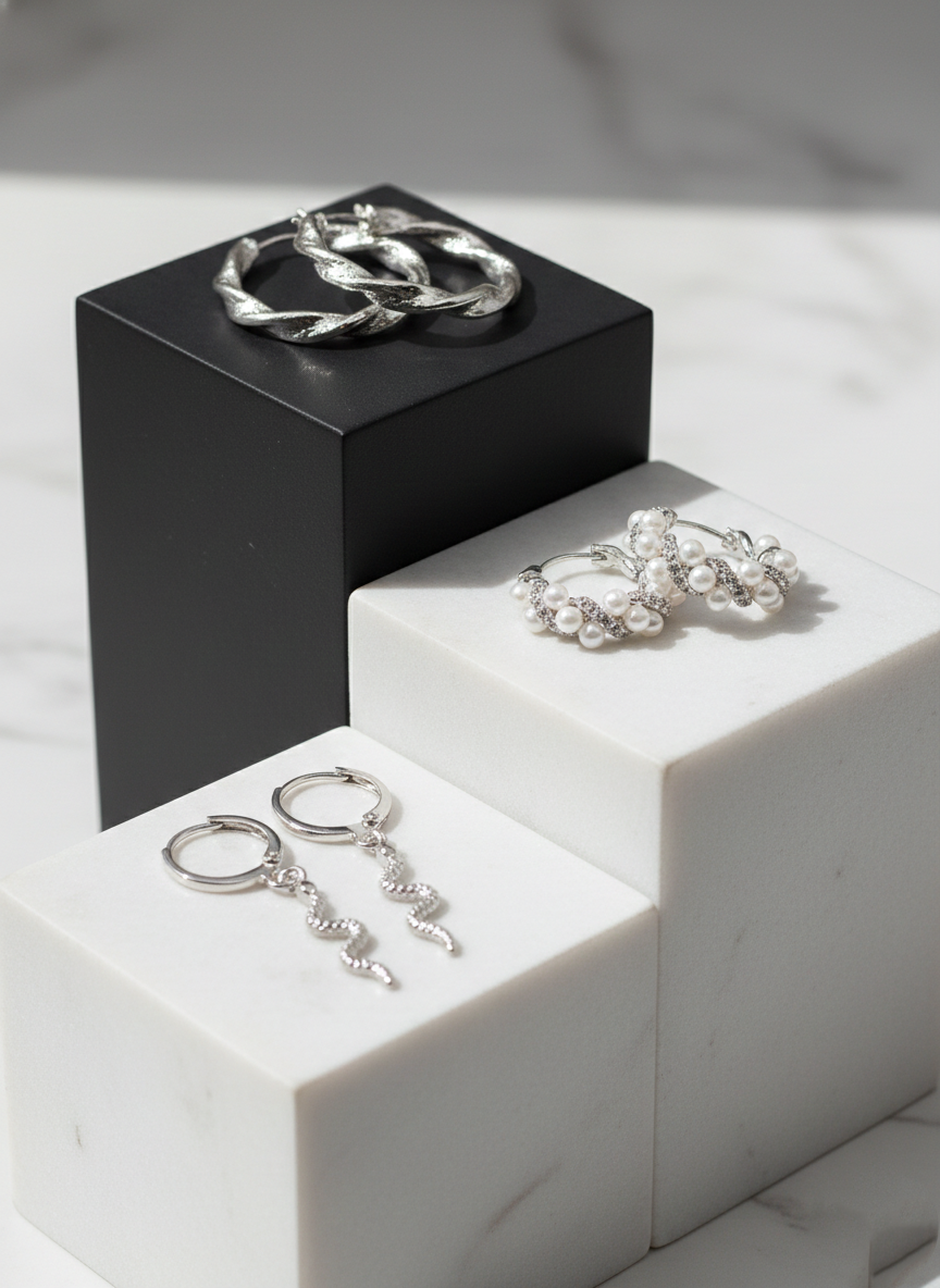Silver Statement Earring Trio Set – Snake Dangle, Pearl & Twisted Rope Combo