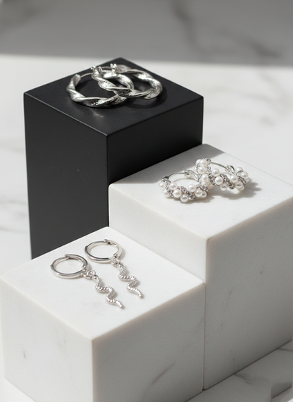 Silver Statement Earring Trio Set – Snake Dangle, Pearl & Twisted Rope Combo