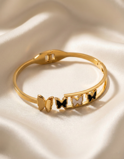 Triple Butterfly Enamel Gold Bangle Bracelet