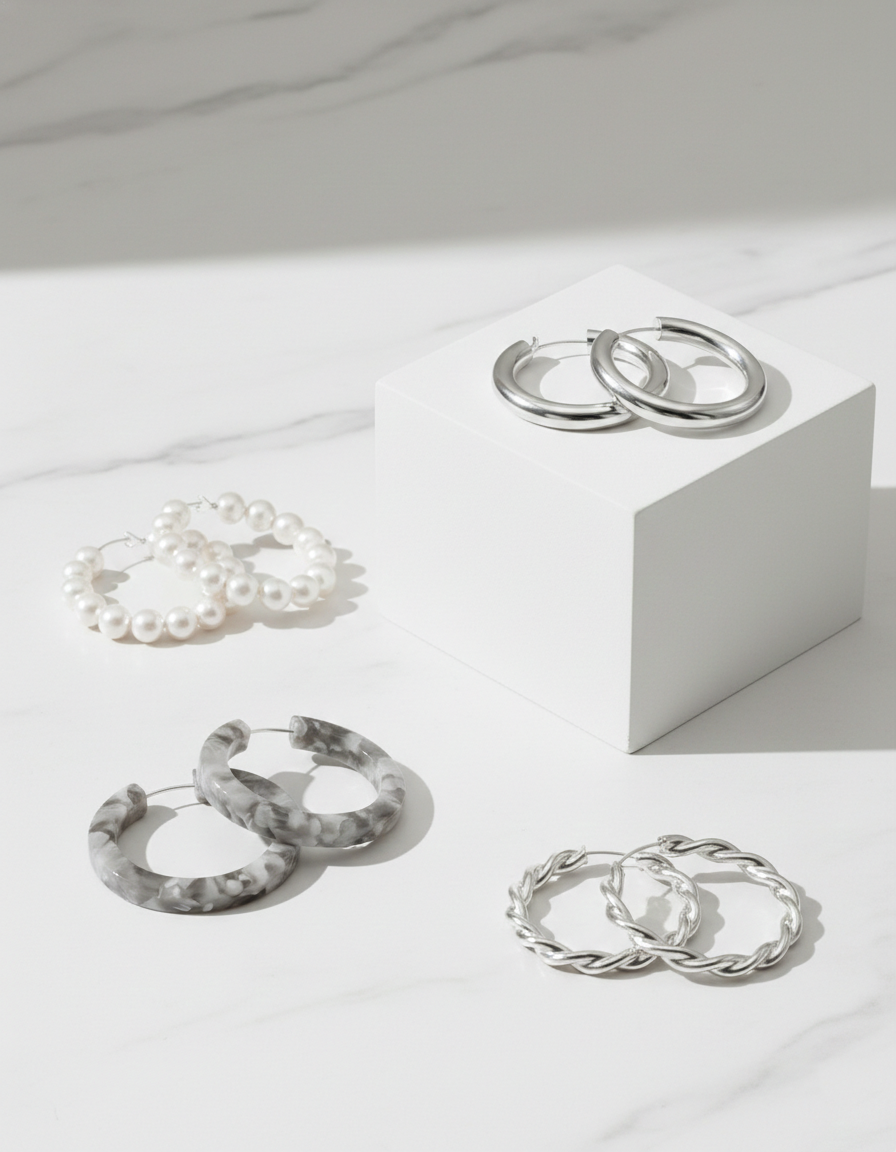 4-Piece Assorted Hoop Earrings Set – Pearl, Resin & Silver-Tone Collection